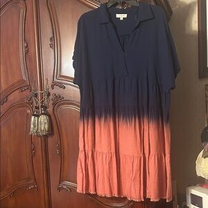 Umgee linen Navy and Coral Dip-Dye Tiered Midi Dress